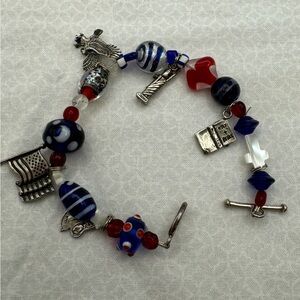 450-PTT Sterling 925 Stamped Charm Patriotic Red, White & Blue 8 Inch Bracelet